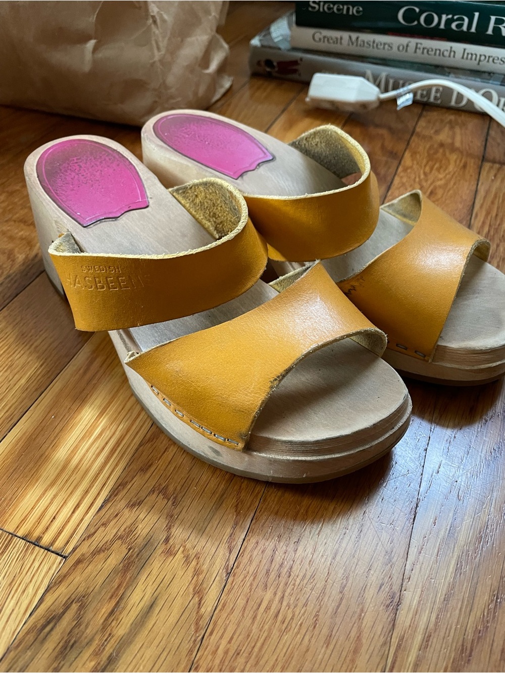 Swedish Hasbeens Mustard Yellow Leather Two-Band Clogs